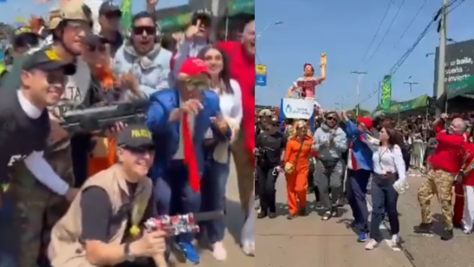 Participantes del Carnaval de Barranquilla lucen disfraces satíricos de figuras políticas, una escena que se volvió viral en redes sociales durante las fiestas.