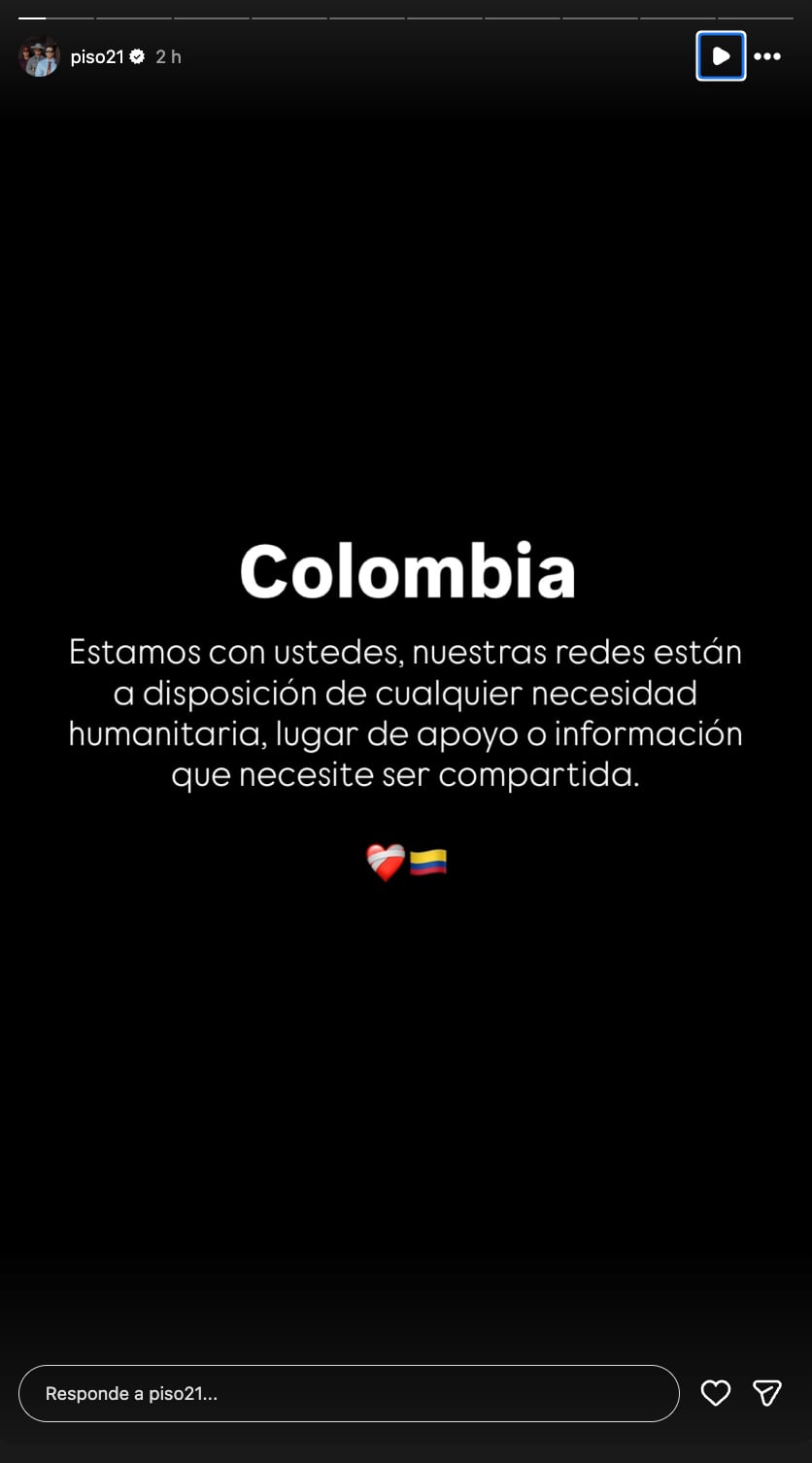 Piso 21, agrupación musical, pone a disposición sus redes ante tragedia por terremoto en Colombia.