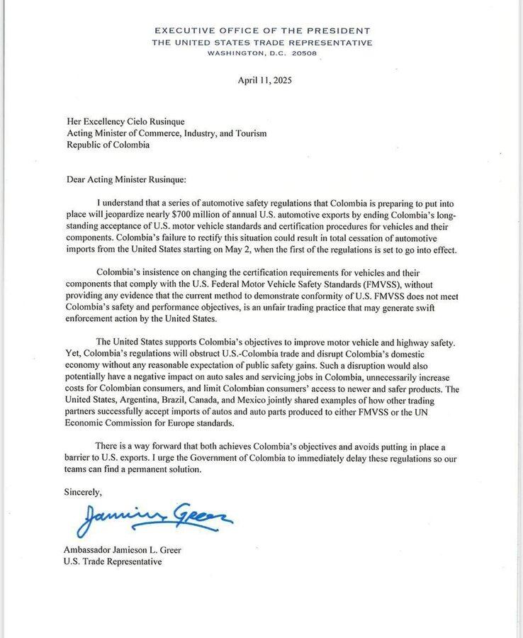 Esta es la carta enviada por el Gobierno de Estados Unidos a la ministra encargada de Comercia, Cielo Rusinque.