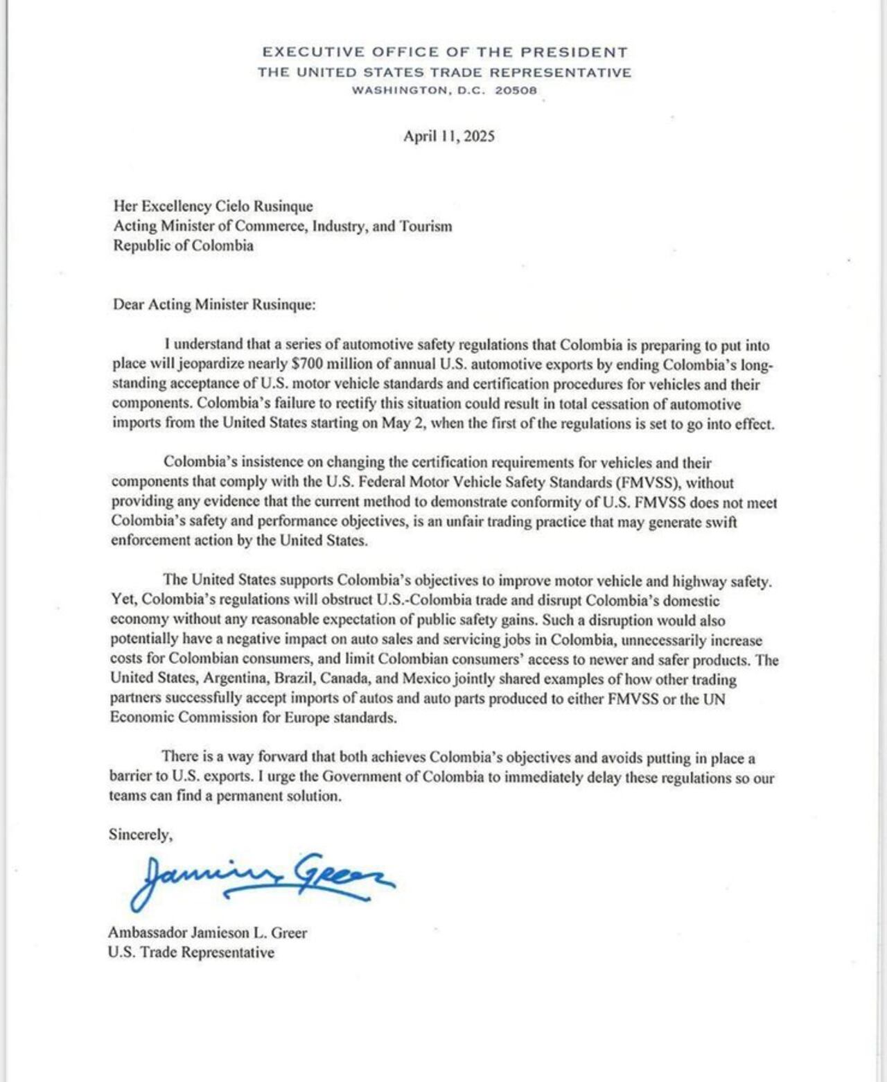 Esta es la carta enviada por el Gobierno de Estados Unidos a la ministra encargada de Comercia, Cielo Rusinque.