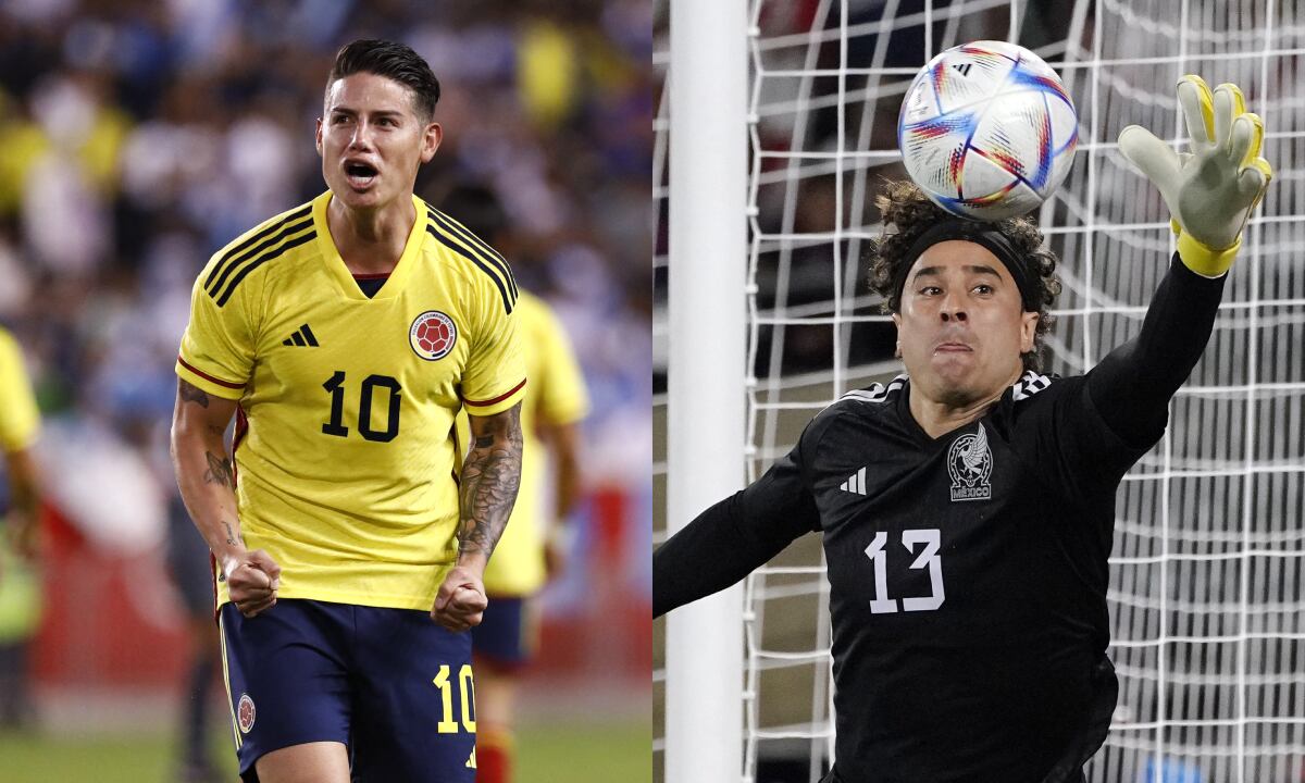 James Rodríguez y Guillermo Ochoa. Colombia vs. México. Foto: AFP/Andres Kudacki//AP/Mark J. Terrill