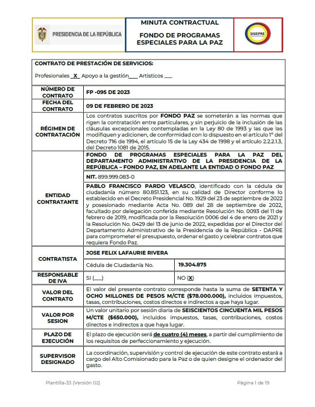 Contrato de José Félix Lafaurie.