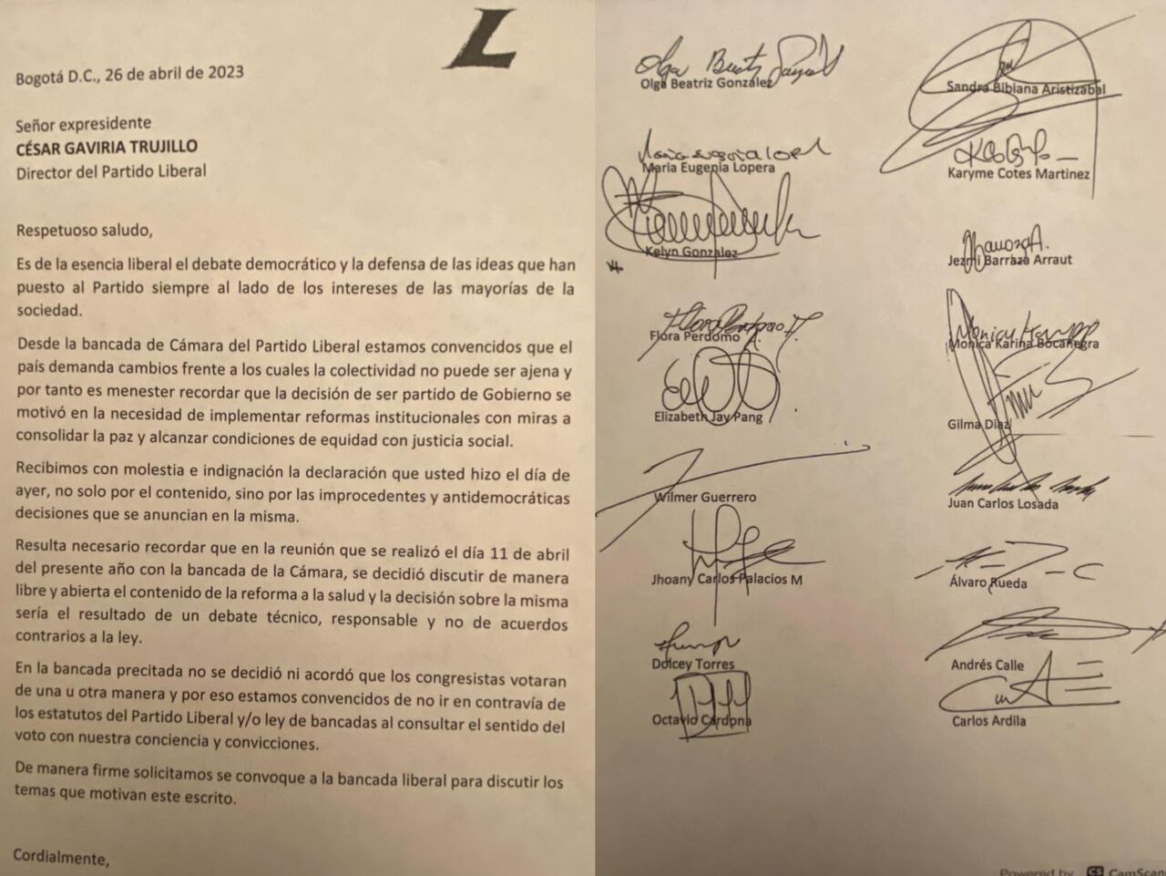 La carta enviada por un grupo de congresistas del Partido Liberal al expresidente César Gaviria, director de la colectividad.