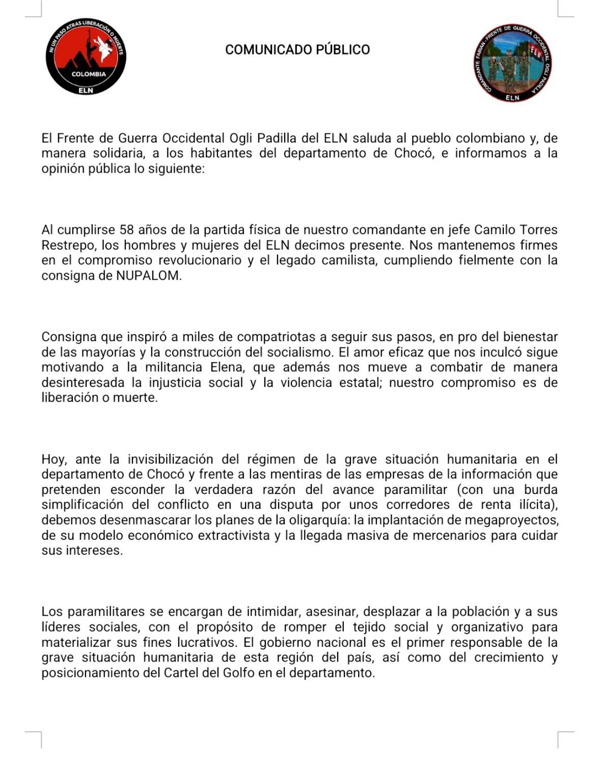 Este es el comunicado con el que el ELN anunció el paro armado en el Chocó. Página 1.