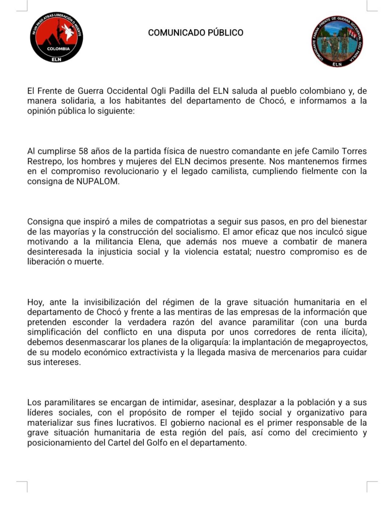 Este es el comunicado con el que el ELN anunció el paro armado en el Chocó. Página 1.