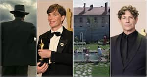 De izquierda a derecha:
Una escena de ‘Oppenheimer’
El actor Cillian Murphy con su estatuilla del Premio Óscar 2024
El escenario de 'Zona de Interés', en Auschwitz (Polonia)
Jonathan Glazer, el director británico de la película ‘Zona de interés’, con su estatuilla del Premio Óscar 2024