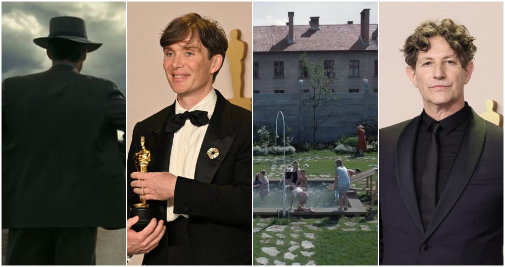 De izquierda a derecha: 
Una escena de ‘Oppenheimer’
El actor Cillian Murphy con su estatuilla del Premio Óscar 2024
El escenario de 'Zona de Interés', en Auschwitz (Polonia)
Jonathan Glazer, el director británico de la película ‘Zona de interés’, con su estatuilla del Premio Óscar 2024