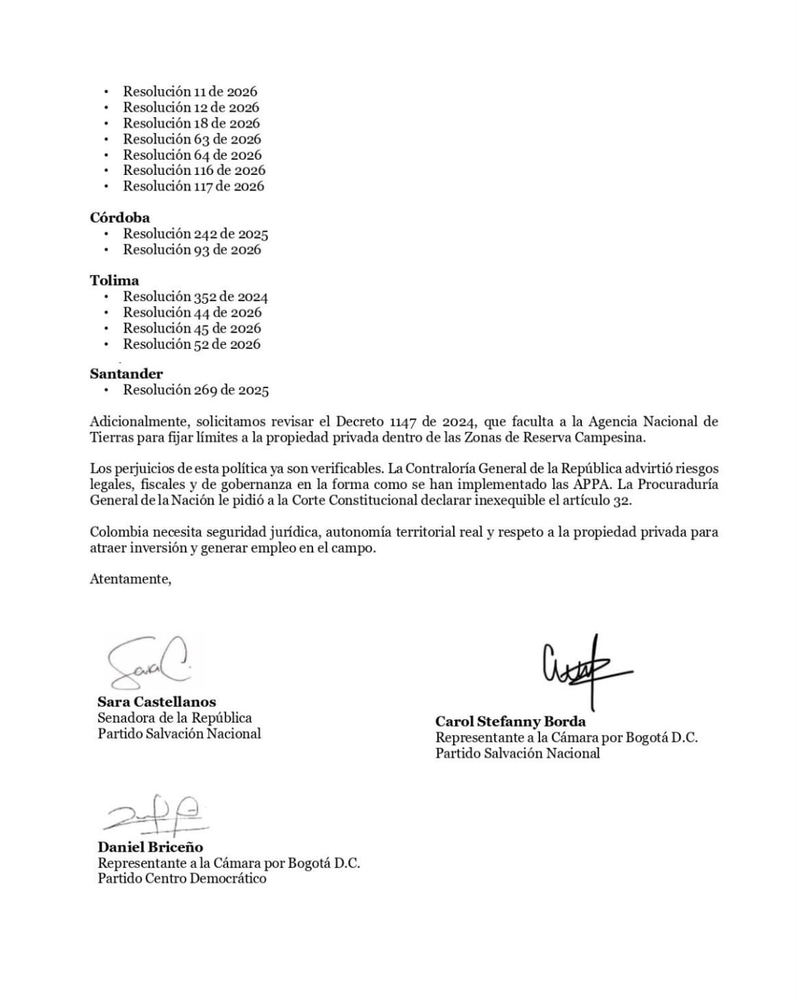 Documento desde el Congreso para el ministro de Agricultura designado, Indalecio Dangond.