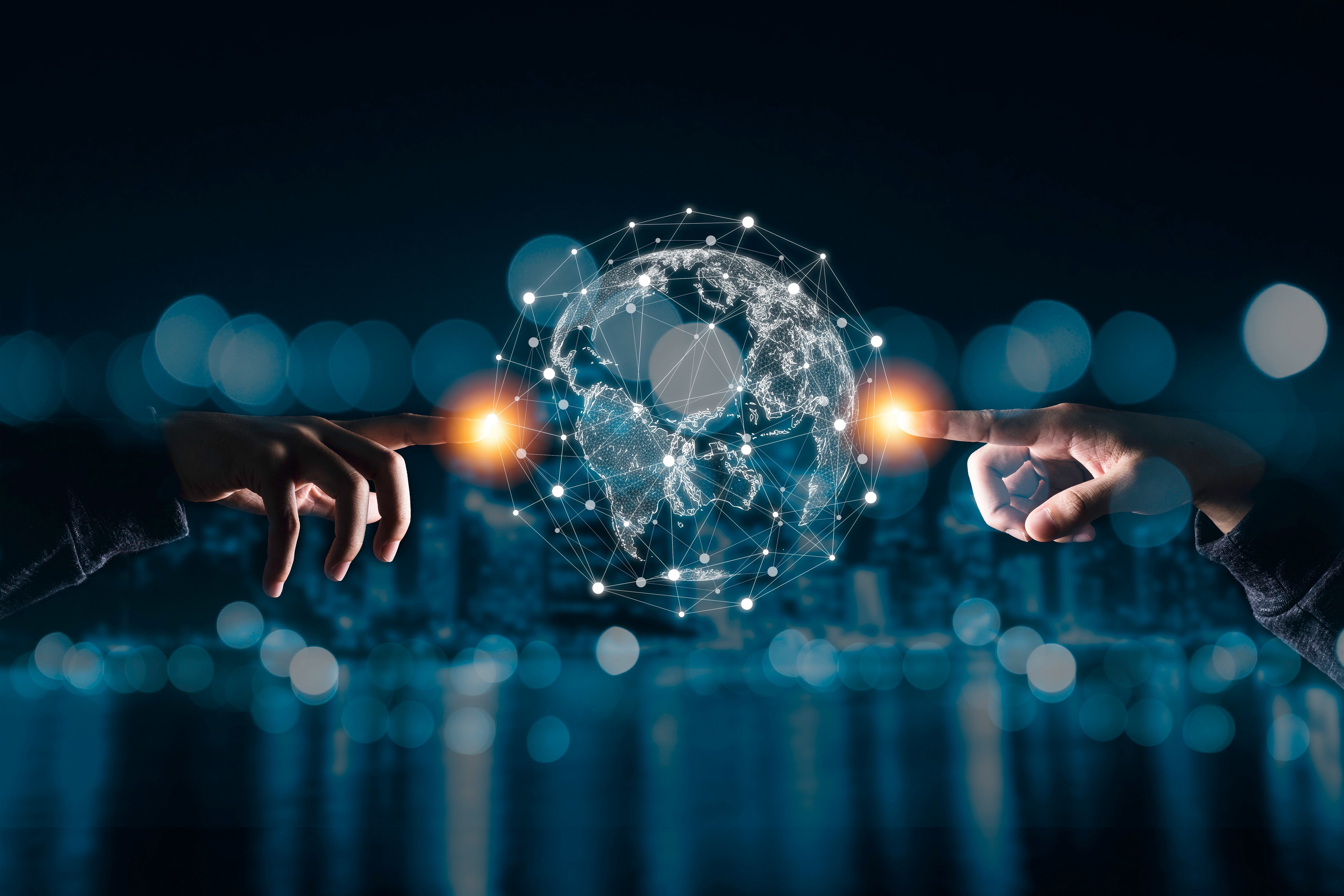 Mano tocando el mundo virtual con red de conexión. Intercambio mundial de información y tecnología de datos.
