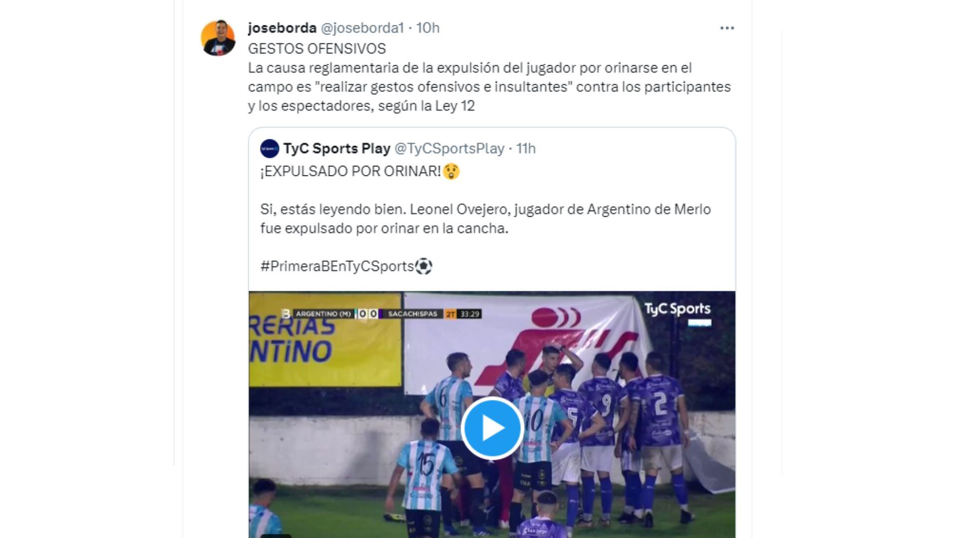 Tweet de José Borda explicando los motivos de la expulsión.