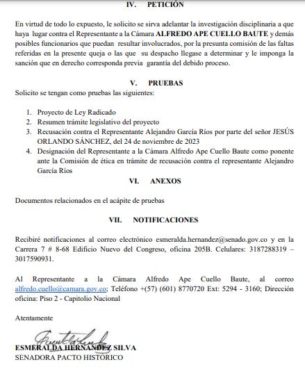 Esta fue la solicitud de investigación presentada por la senadora Esmeralda Hernández al representante Ape Cuello.