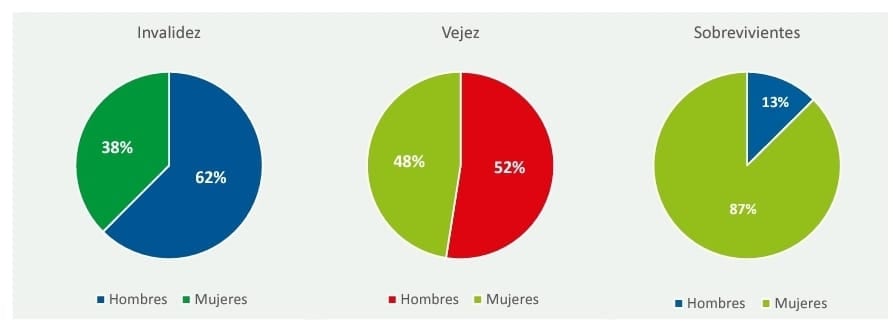 Pensionados por tipo de riesgo y sexo.