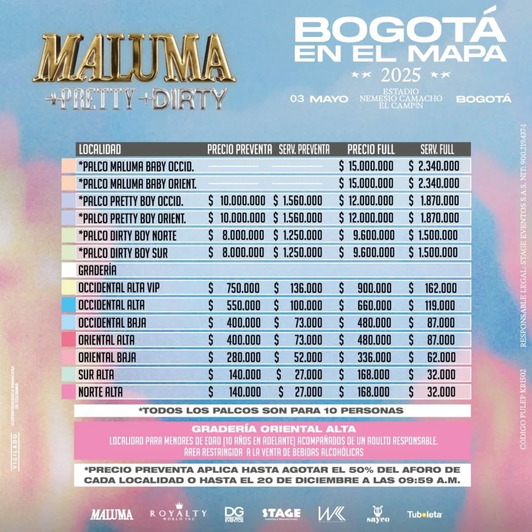 Estos son los precios de las boletas del próximo concierto de Maluma en la ciudad de Bogotá.