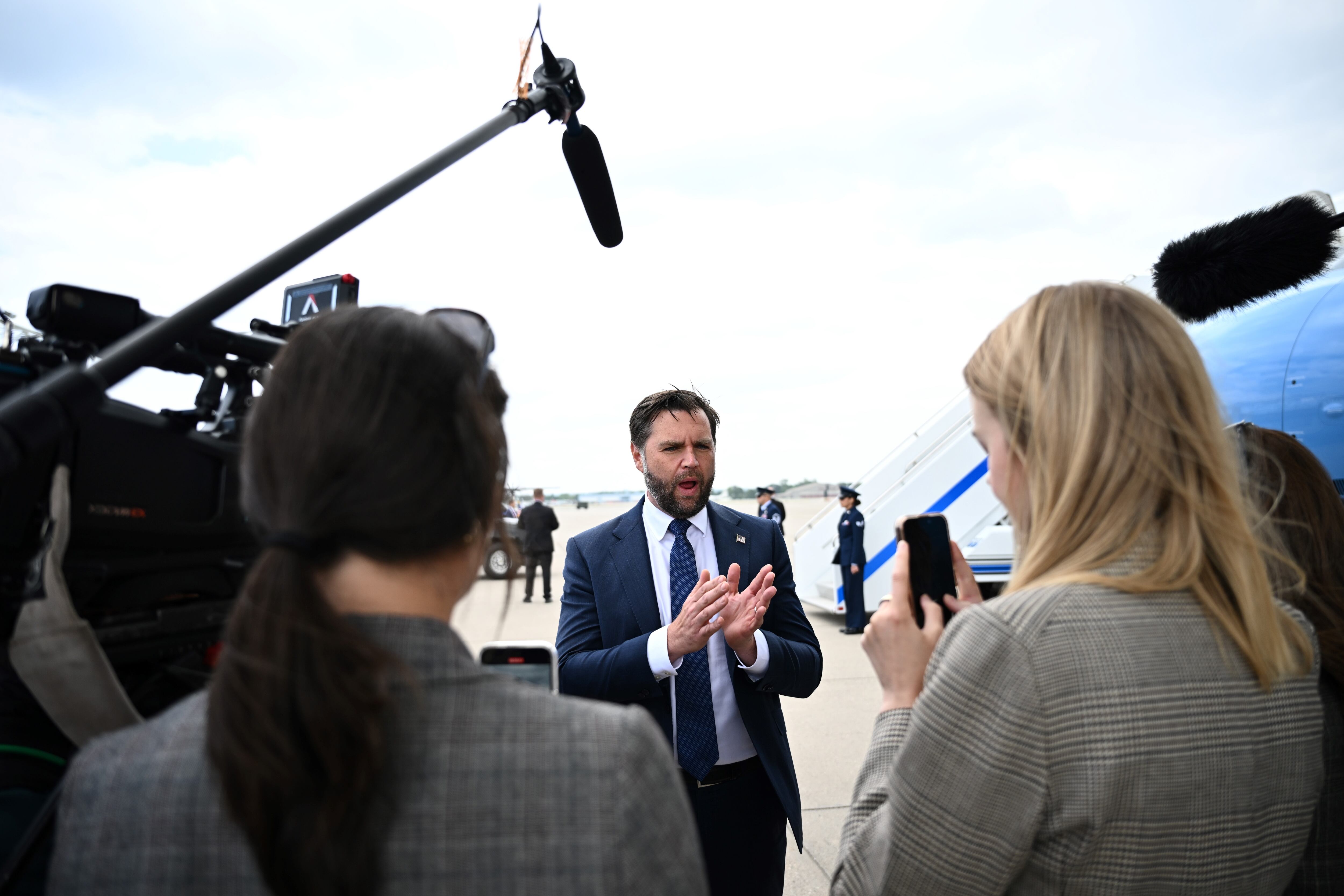 MINNEAPOLIS, MINNESOTA - SEPTEMBER 3:  U.S. Vice President JD Vance speaks to the press after paying his respects to victims of the Annunciation Catholic Church shooting on September 3, 2025 in Minneapolis, Minnesota. The shooting left two students dead and many more wounded. (Photo by Alex Wroblewski-Pool/Getty Images)