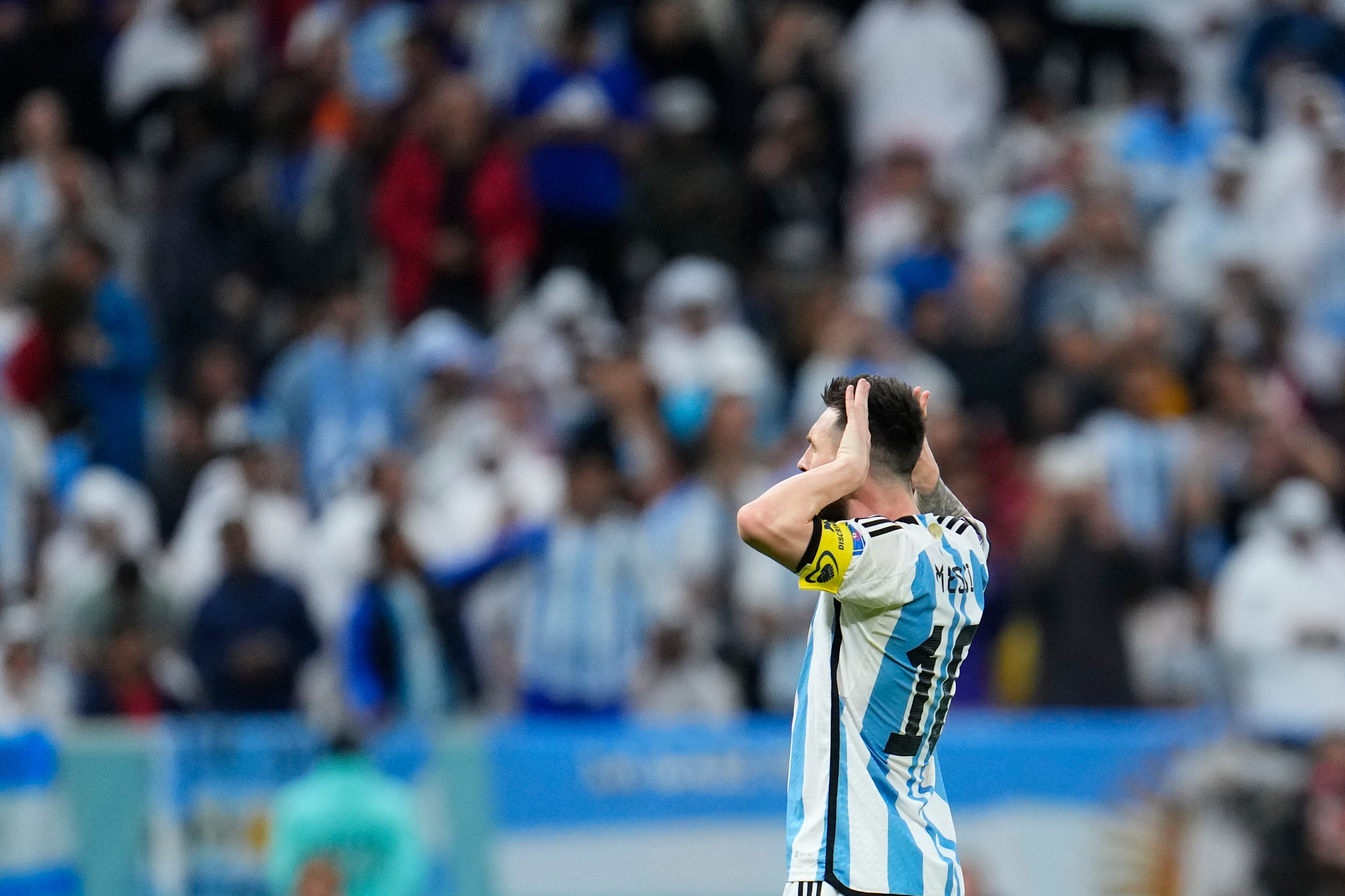 Argentina's Lionel Messi celebrates after scoring his side's second goal from a penalty kick during the World Cup quarterfinal soccer match between the Netherlands and Argentina, at the Lusail Stadium in Lusail, Qatar, Friday, Dec. 9, 2022. (AP Photo/Natacha Pisarenko)