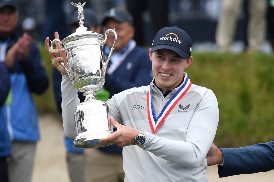 Jun 19, 2022; Brookline, Massachusetts, USA; Matt Fitzpatrick holds the championship trophy after winning the 2022 U.S. Open golf tournament. Mandatory Credit: Bob DeChiara-USA TODAY Sports