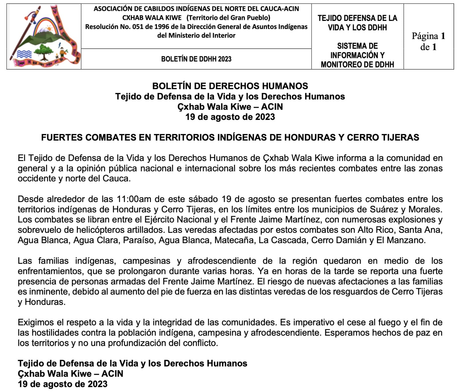 Enfrentamientos en municipios del Cauca