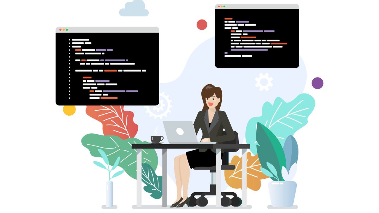 Mujer programadora escribiendo código en una computadora portátil - Ilustración de stock