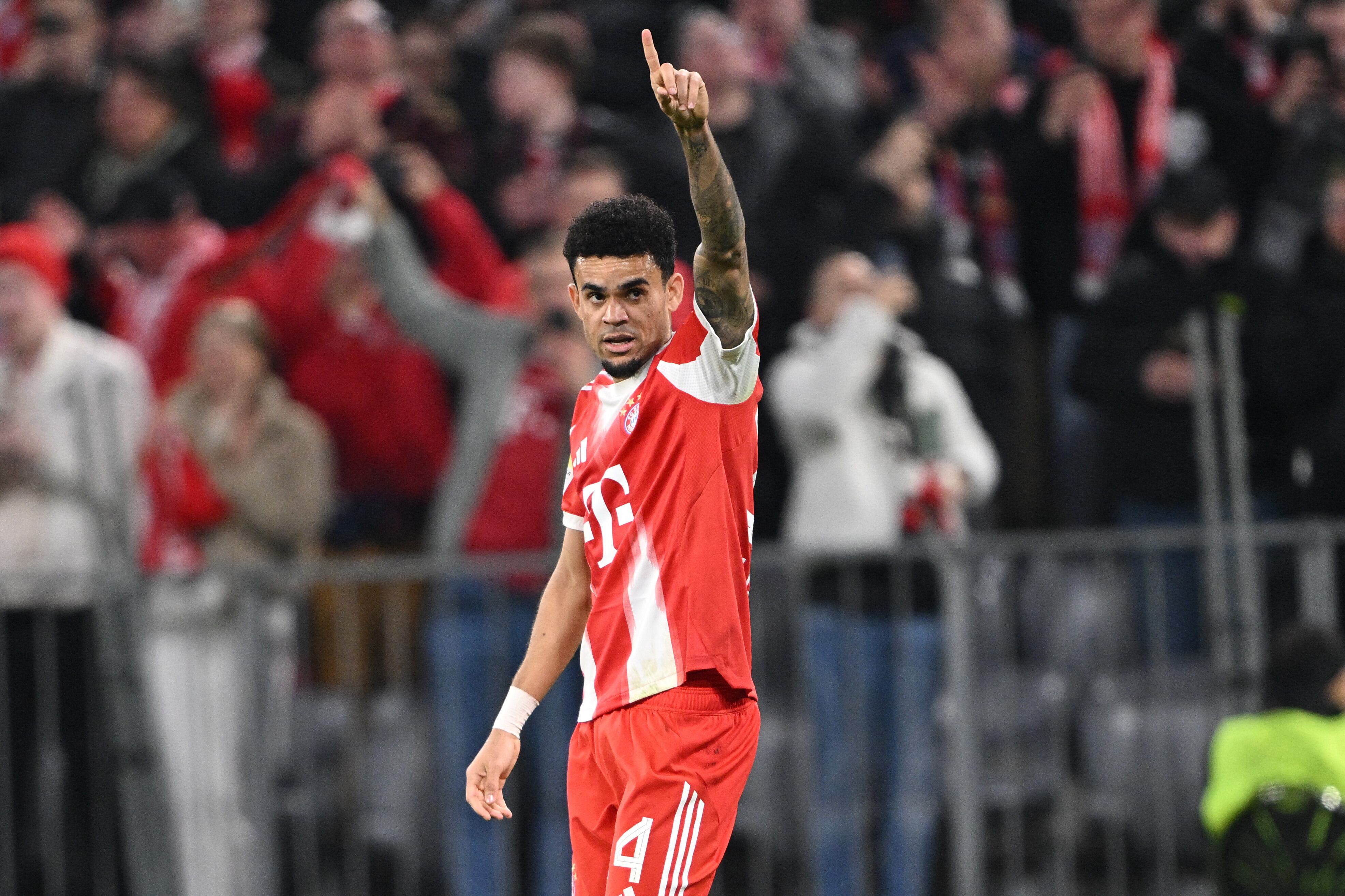 Bayern Munich's Luis Diaz celebrates after scoring during the Bundesliga soccer match between FC Bayern Munich and Borussia Moenchengladbach in Munich, Germany, March 6, 2026. (Harry Langer/dpa via AP)