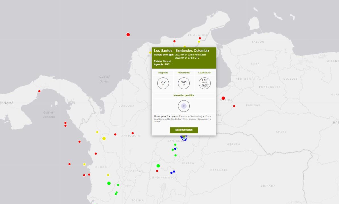 El primer sismo tuvo lugar a las 02:54 A. M. con epicentro en Los Santos, Santander. Este temblor presentó una magnitud de 2,3 y se produjo a una profundidad de 148 kilómetros.