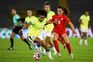 Bogotá. Septiembre 6 de 2024. Canadá enfrenta a Brasil , por la fecha 03 del Mundial femenino Sub 20 2024, en el estadio Nemesio Camacho el Campin.
