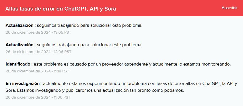 OpenAI identificó el problema en un 'proveedor ascendente' y trabajó en resolverlo.