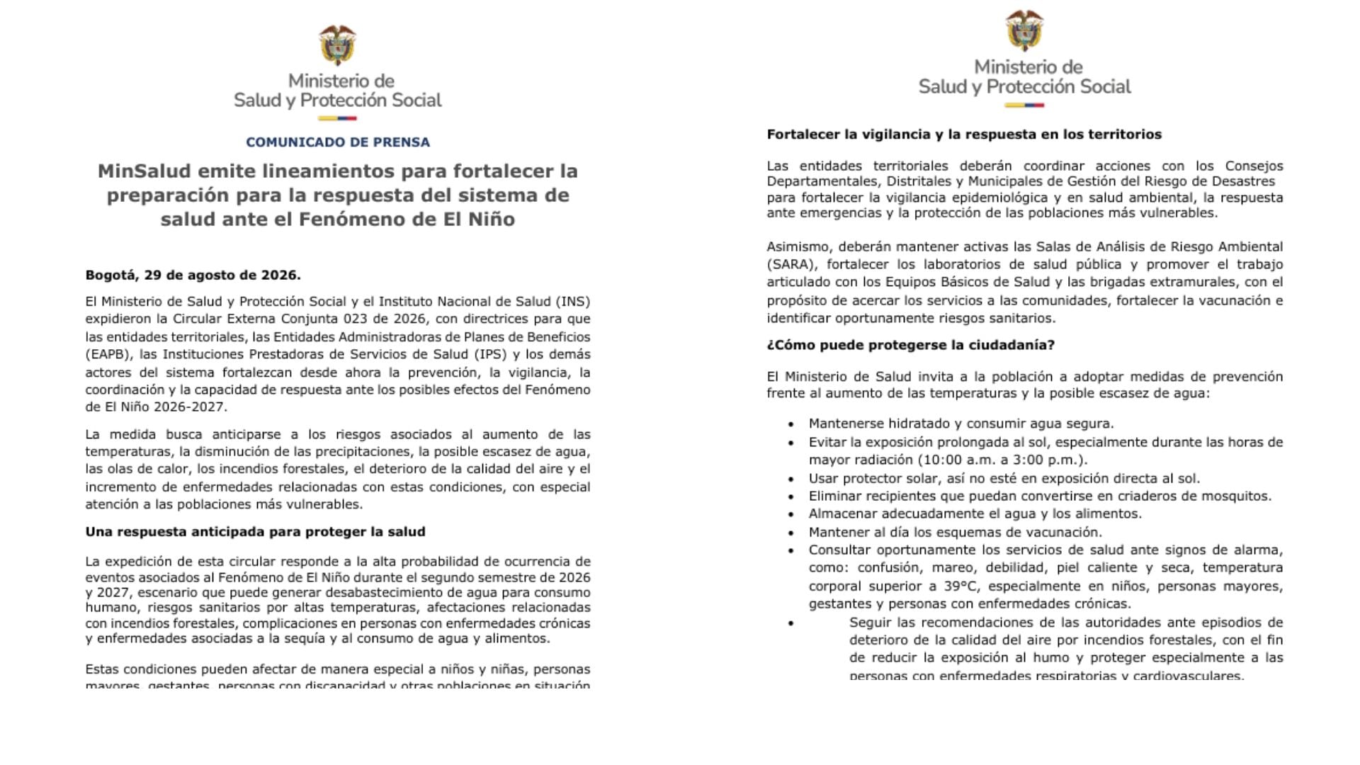 El Ministerio de Salud y Protección Social y el Instituto Nacional de Salud emitieron la Circular Externa Conjunta 023 de 2026 para fortalecer la preparación del sistema de salud ante los posibles efectos del Fenómeno de El Niño 2026-2027.