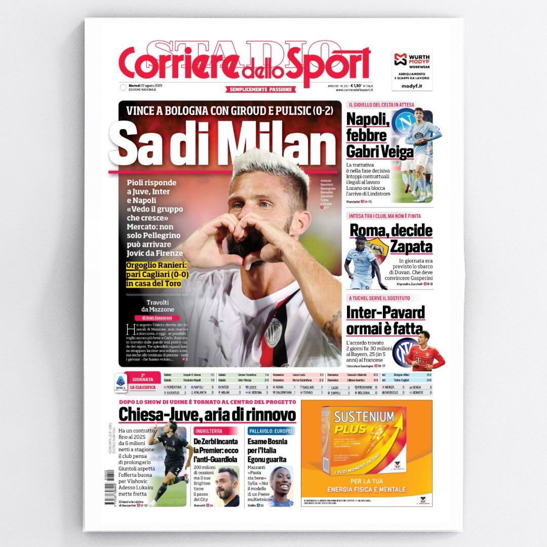 La portada del Corriere dello Sport para este martes 22 de agosto.