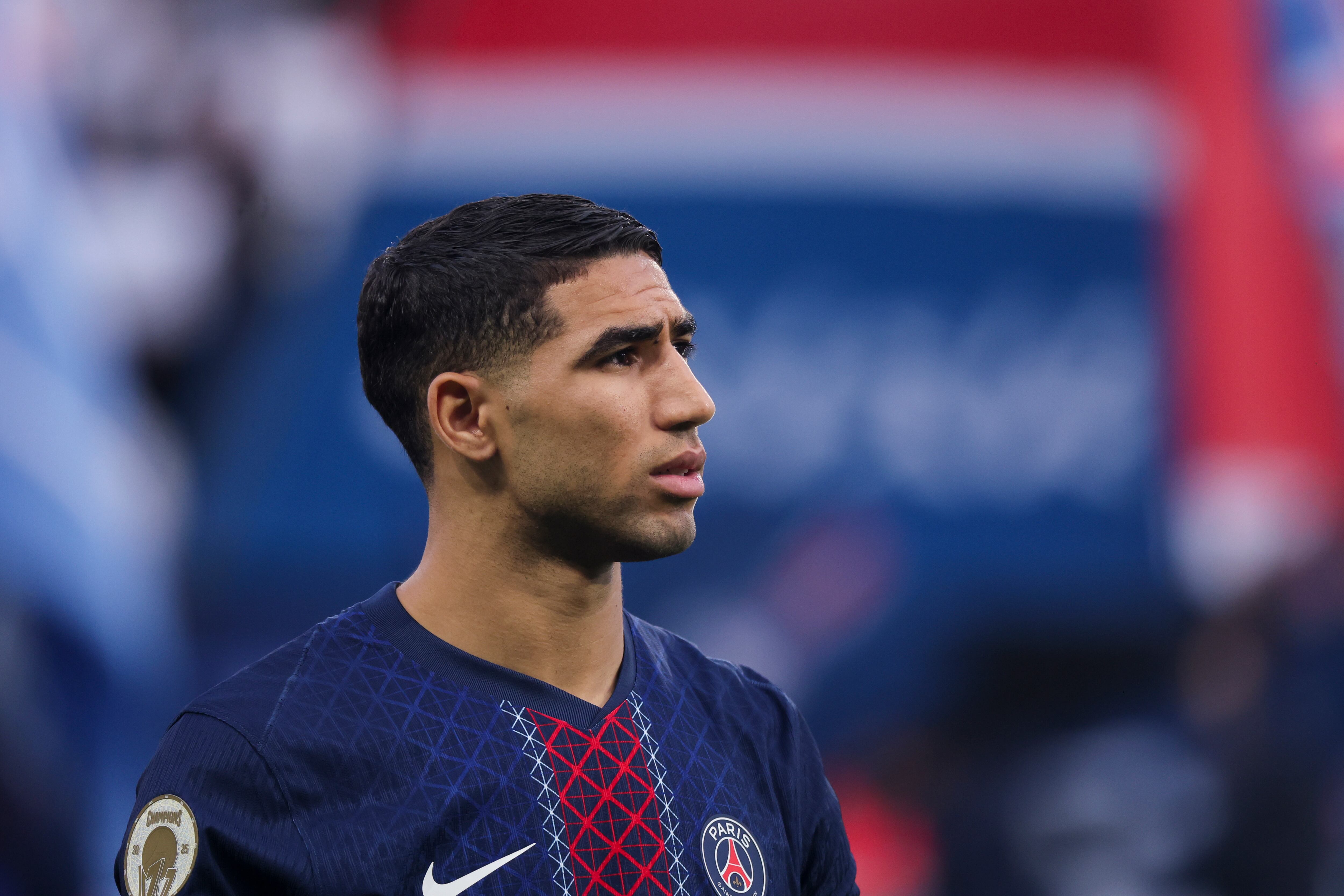 PARIS, FRANCE - NOVEMBER 1: Achraf Hakimi #2 of Paris Saint-Germain looks on during the Ligue 1 McDonald's match between Paris Saint-Germain and OGC Nice at Parc des Princes on November 1, 2025 in Paris, France. (Photo by Catherine Steenkeste/Getty Images)