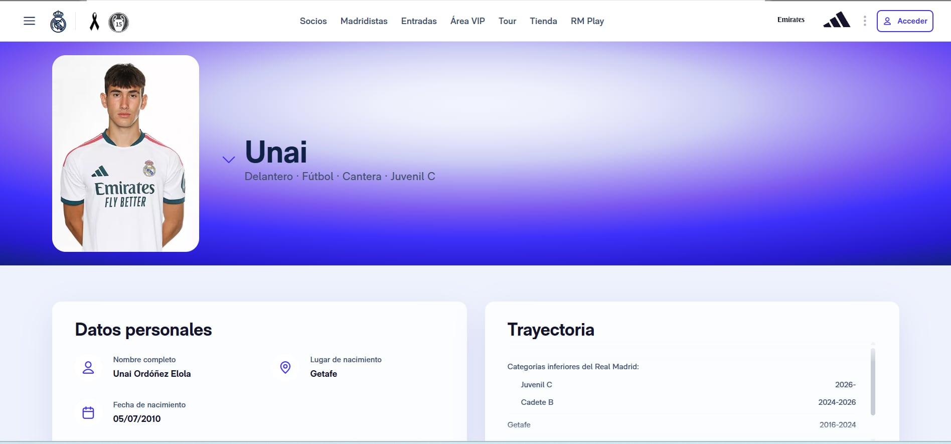 Ficha técnica de Unai Ordoñez en la web oficial del Real Madrid.