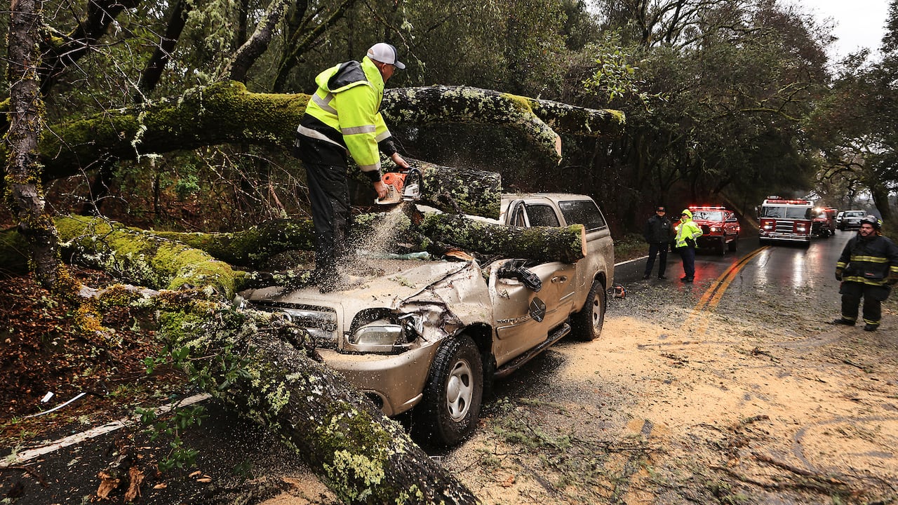 El jefe del Departamento de Bomberos Voluntarios de Hopland, Mitch Franklin, corta un gran roble que cayó sobre un vehículo, hiriendo moderadamente al conductor en Old River Road, al norte de Hopland, California.