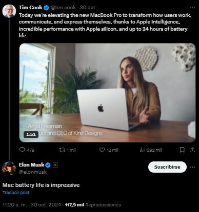 Con la presentación de los nuevos MacBook Pro, Elon Musk se mostró impresionado por las innovaciones de Apple, señalando que estos equipos ofrecen características que “superan las expectativas”.