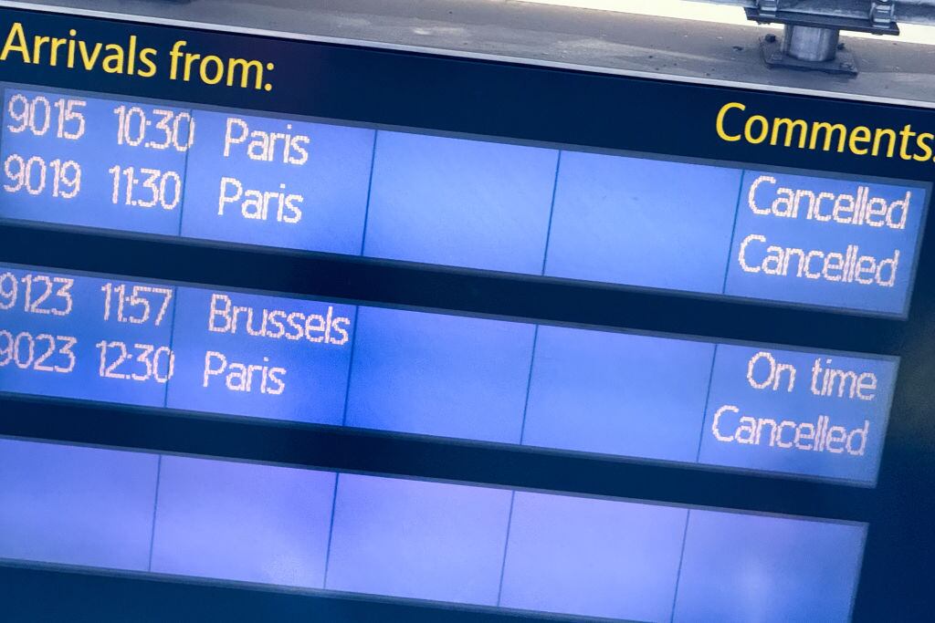 A screen shows Eurostar train cancellations at St Pancras Station in London, England, on March 7, 2025, as trains to and from Paris are cancelled for the day due to an unexploded WWII bomb found at Gare Du Nord. (Photo by Alberto Pezzali/NurPhoto via Getty Images)