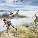 Dibujo de hombres de la Edad de Piedra cazando.