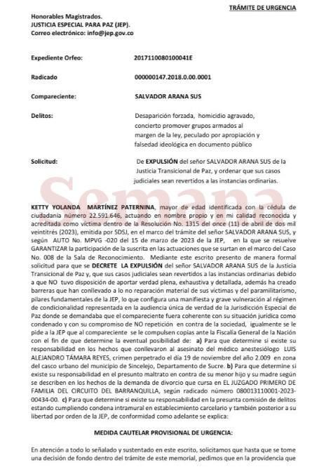 Solicitud de expulsión de la JEP a Salvador Arana