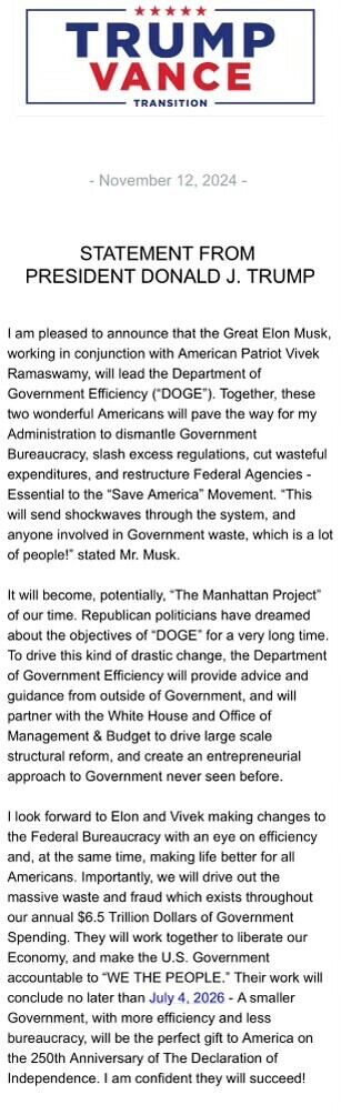 Donald Trump designa a Elon Musk para dirigir el Departamento de Eficiencia Gubernamental