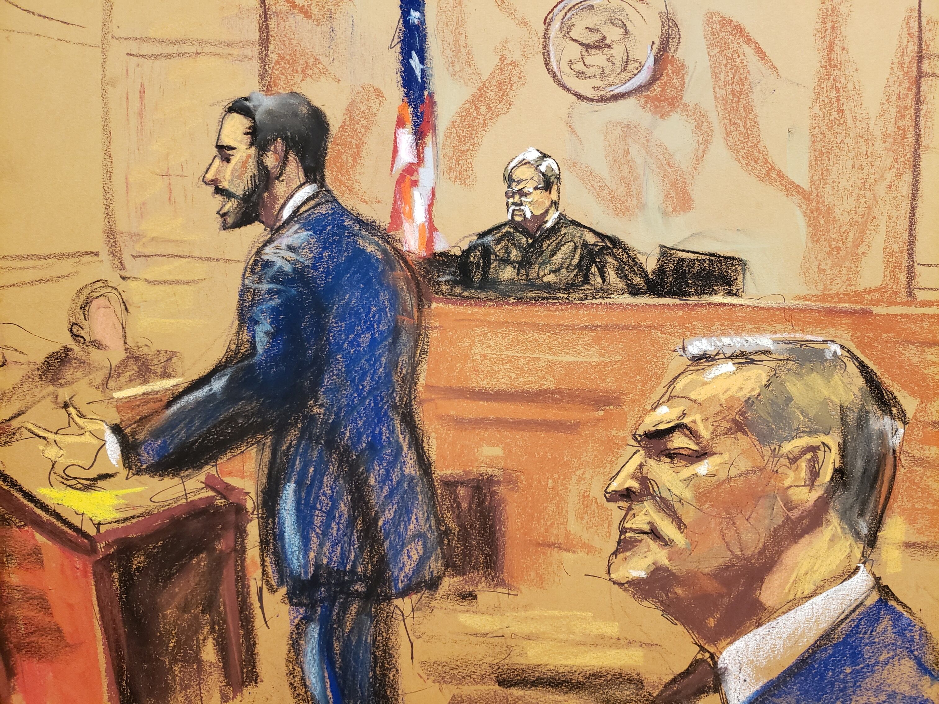 El abogado defensor César de Castro habla durante los argumentos iniciales en el juicio del exsecretario de Seguridad Pública de México, Genaro García Luna, acusado de aceptar millones de dólares para proteger al poderoso Cartel de Sinaloa, una vez dirigido por el narcotraficante encarcelado Joaquín "El Chapo" Guzmán, en un juzgado en la ciudad de Nueva York. REUTERS/Jane Rosenberg