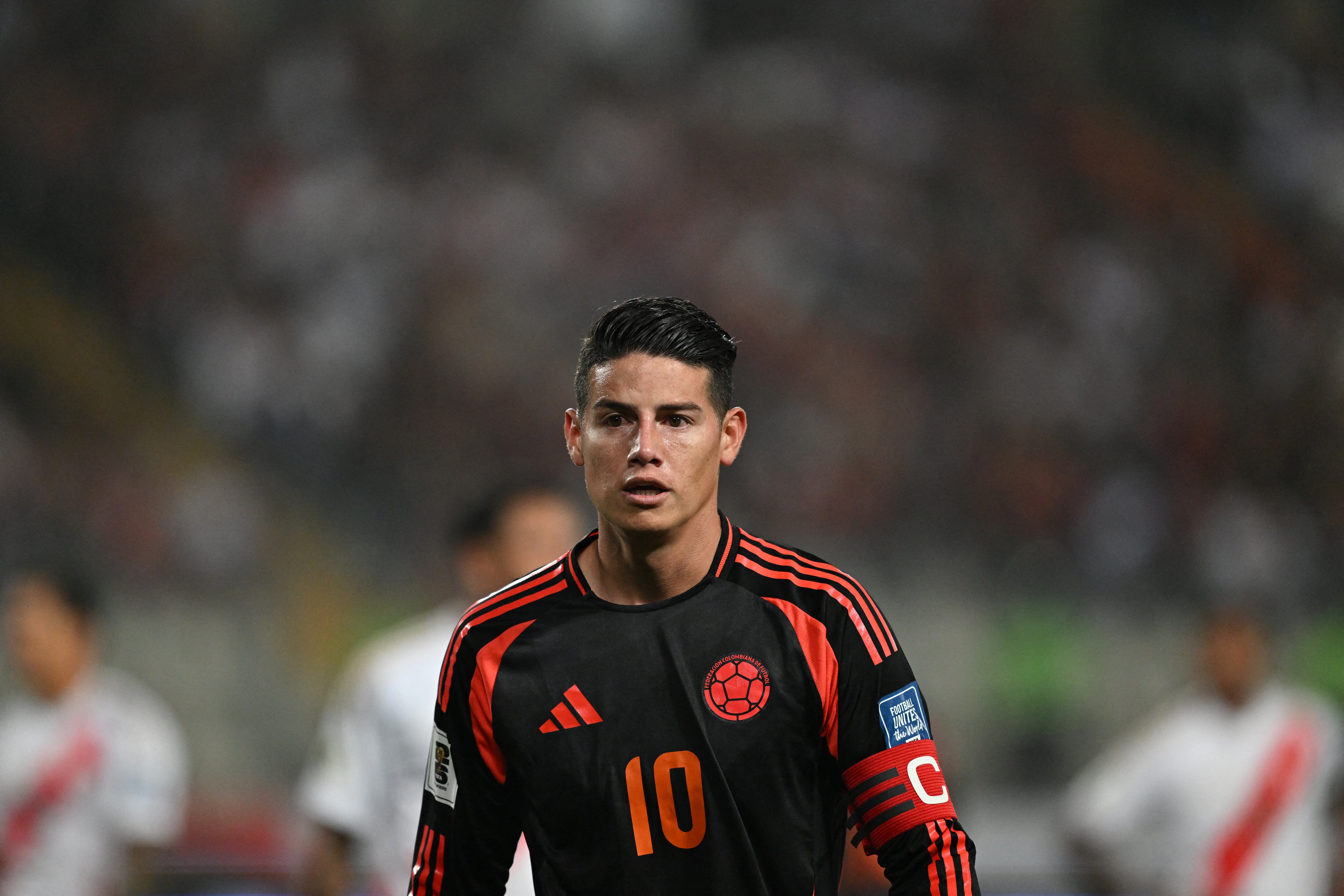 Colombia's midfielder James Rodriguez looks on during the 2026 FIFA World Cup South American qualifiers football match between Peru and Colombia, at the Monumental stadium in Lima, on September 6, 2024. (Photo by ERNESTO BENAVIDES / AFP)