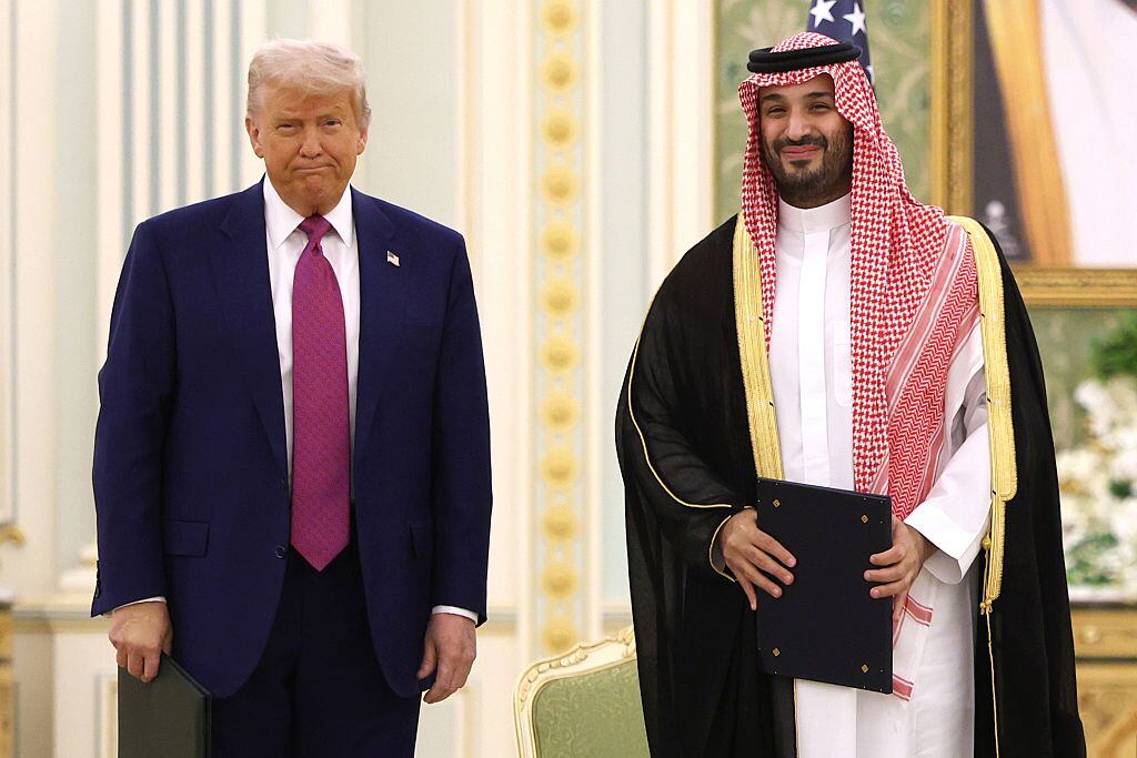 RIYADH, SAUDI ARABIA - MAY 13: U.S. President Donald J. Trump and Saudi Crown Prince Mohammed bin Salman attend a signing ceremony at the Saudi Royal Court on May 13, 2025, in Riyadh, Saudi Arabia. Trump begins a multi-nation tour of the Gulf region focused on expanding economic ties and reinforcing security cooperation with key U.S. allies. (Photo by Win McNamee/Getty Images)
