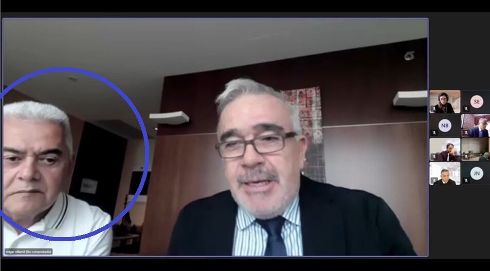 Diego Marín Buitrago, alias Papá Pitufo (en el círculo azul) reapareció este jueves en una audiencia virtual.