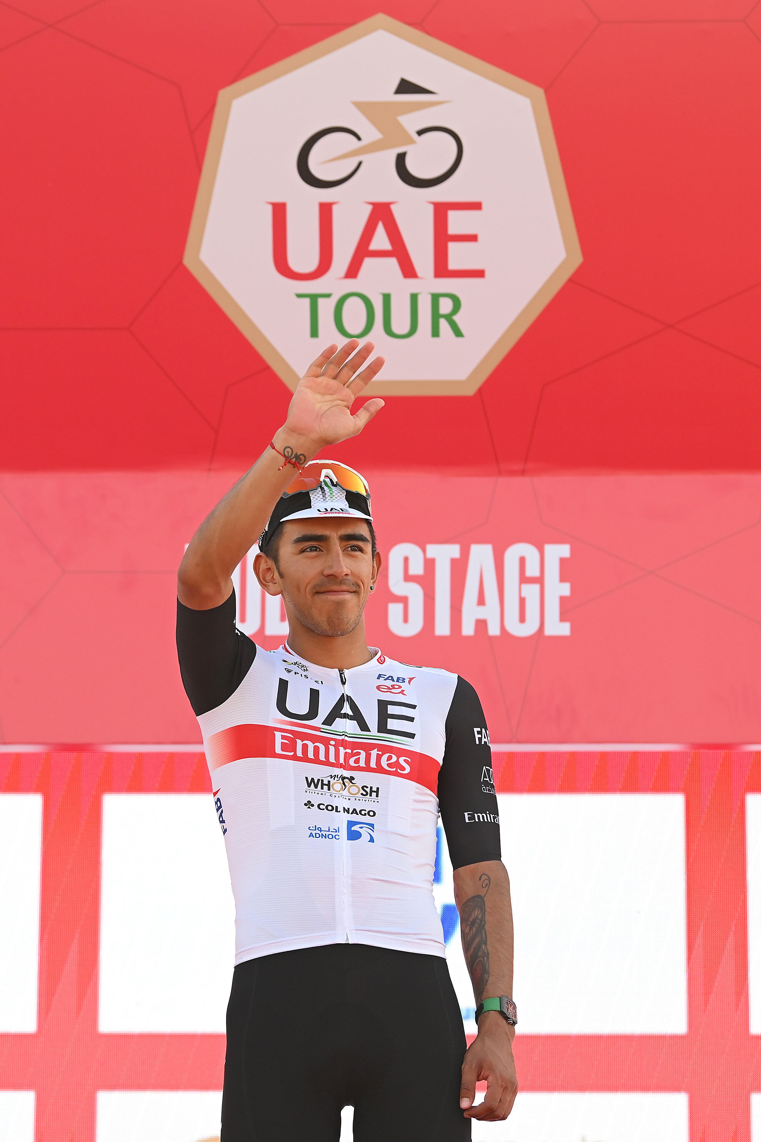 DUBAI HARBOUR, UNITED ARAB EMIRATES - FEBRUARY 23: Juan Sebastian Molano Benavides of Colombia and UAE Team Emirates celebrates at podium as stage winner during the 5th UAE Tour, Stage 4 a 174km stage from Al Shindagha to Dubai Harbour / #UAETour / #UCIWT / on February 23, 2023 in Dubai Harbour, United Arab Emirates. (Photo by Dario Belingheri/Getty Images)