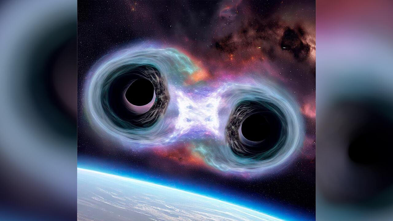 Ilustración generada con inteligencia artificial de una fusión de los agujeros negros.
