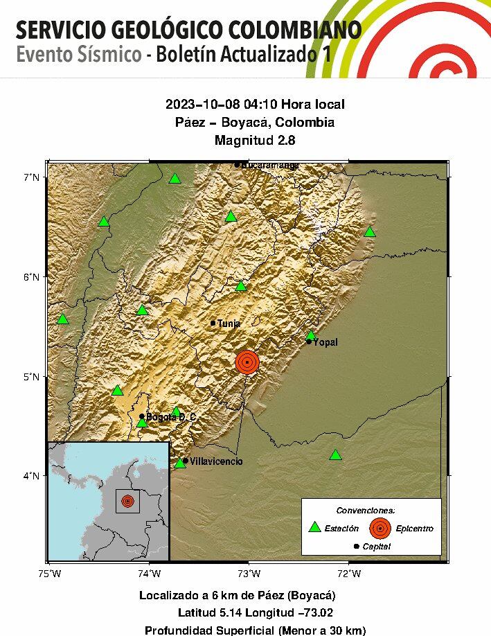 Reporte del sismo presentado en Boyacá este domingo 8 de octubre.