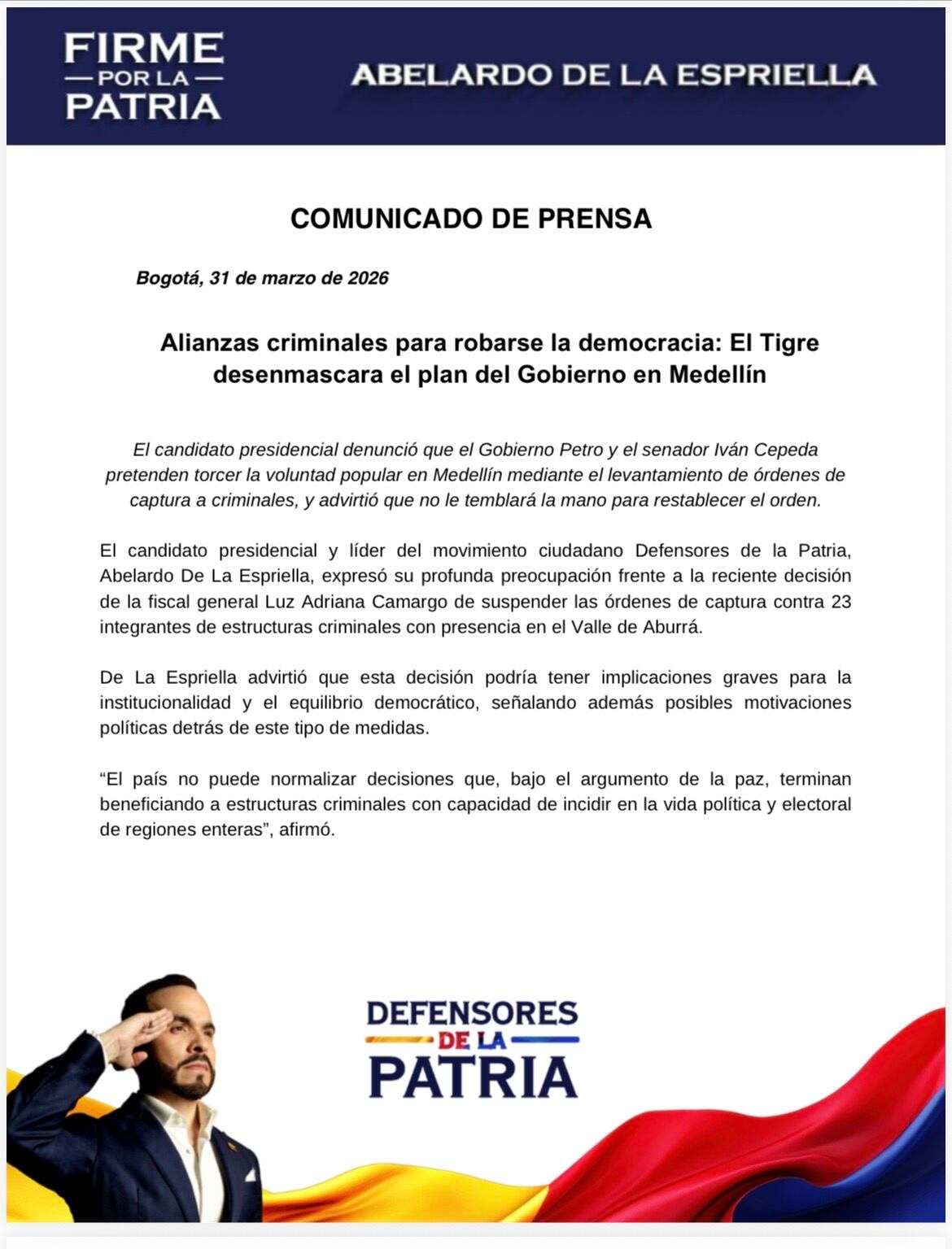 Comunicado Abelardo de la Espriella