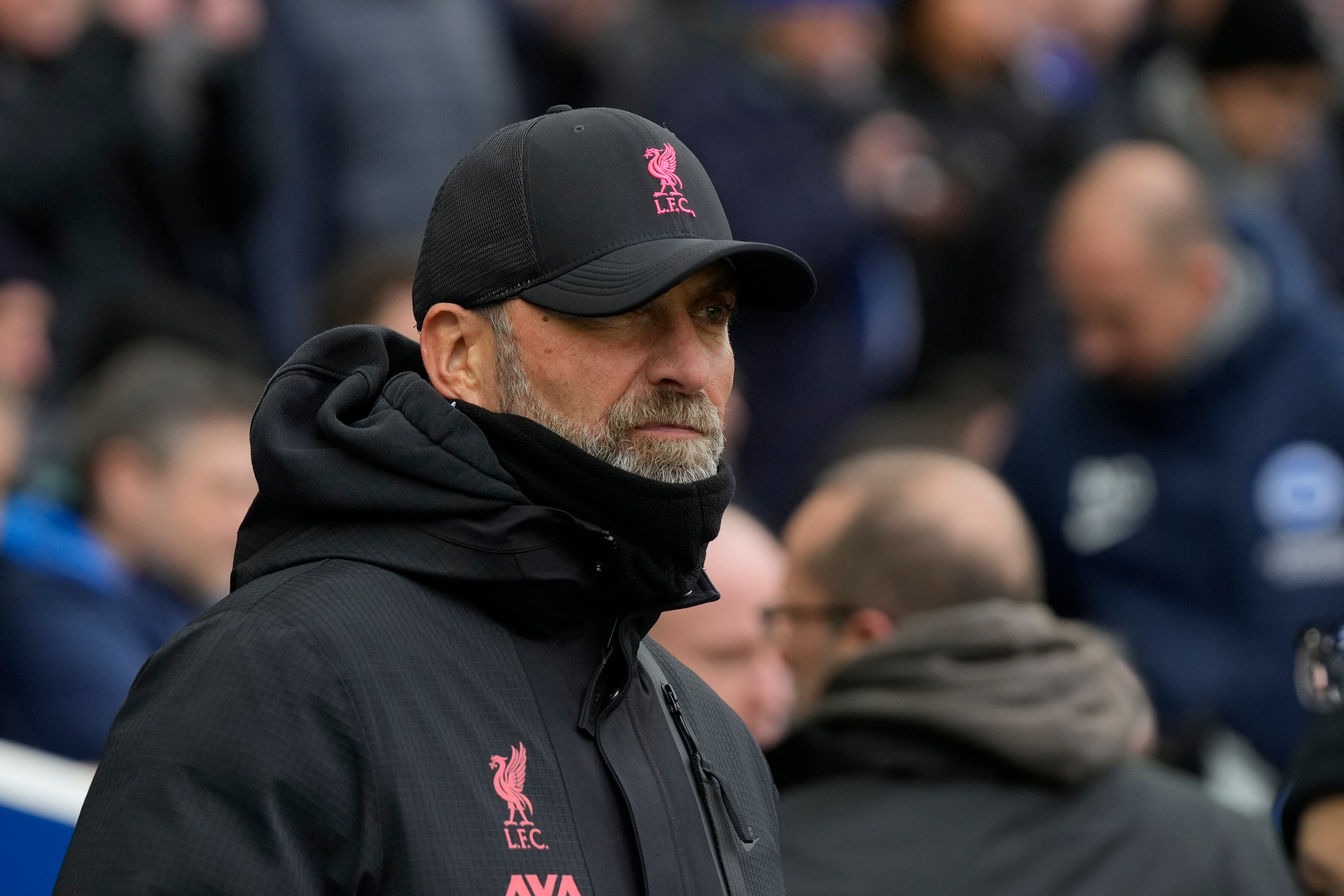 Liverpool's manager Jurgen Klopp looks at the field before the FA Cup 4th round soccer match between Brighton and Hove Albion and Liverpool at the Falmer Stadium in Brighton, England, Sunday, Jan. 29, 2023. (AP Photo/Alastair Grant)