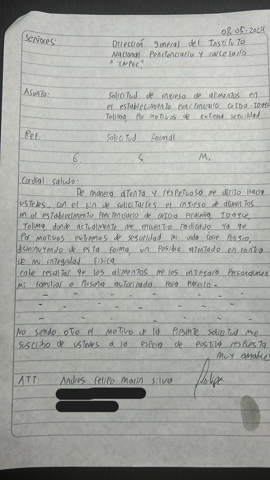 Este es el derecho de petición con el que Pipe Tuluá logró la autorización para el ingreso de alimentos.