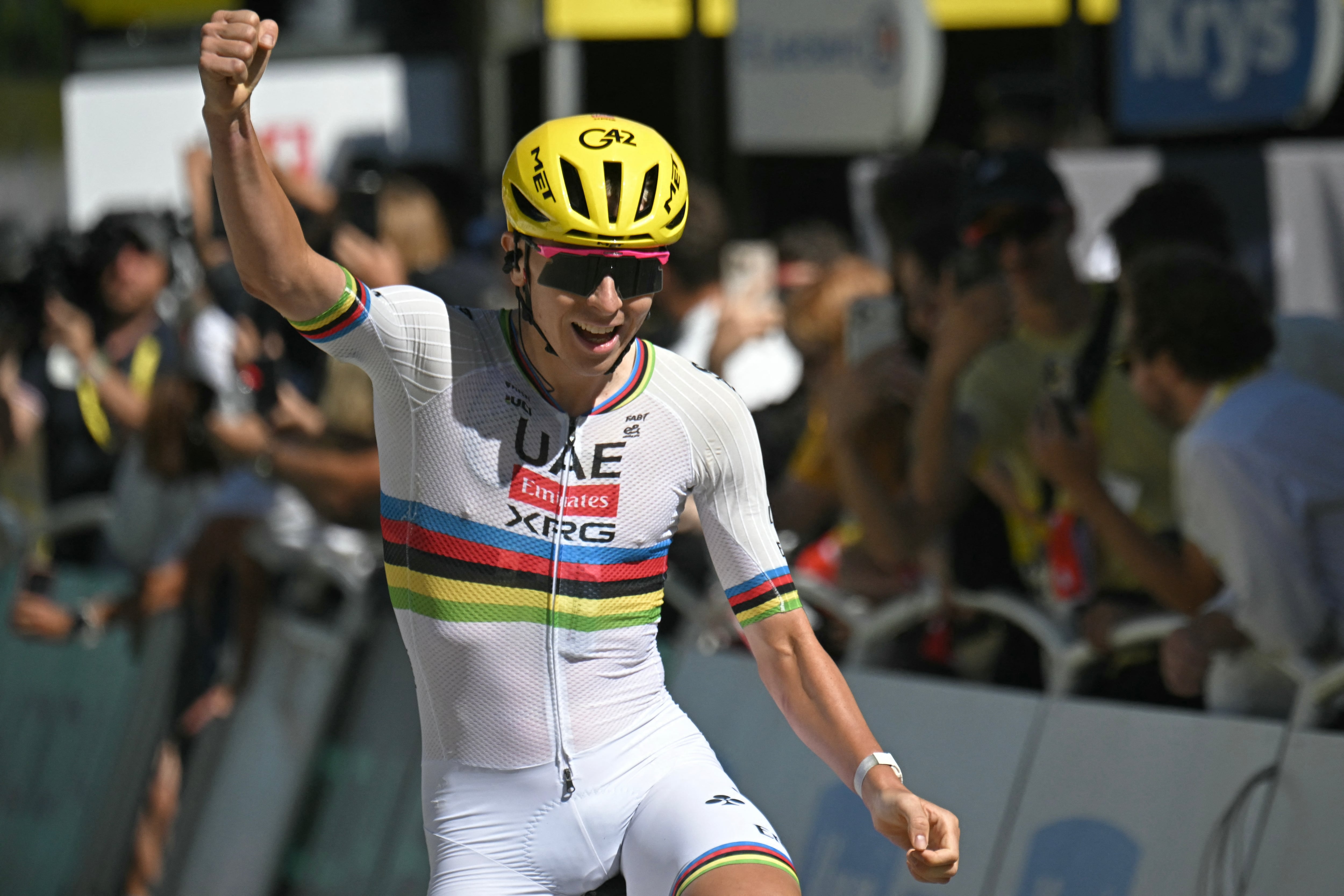 UAE Team Emirates - XRG's Slovenian rider Tadej Pogacar cycles to the finish line to win the 3rd stage of the 113th edition of the Tour de France cycling race, 196 km between Granollers and Les Angles in southern France, on July 6, 2026. (Photo by Loic VENANCE / AFP)