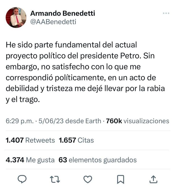 Armando Benedetti y su cambio de decisión sobre el Gobierno Petro