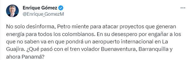 Trino de Enrique Gómez sobre la propuesta de transición energética de Gustavo Petro.