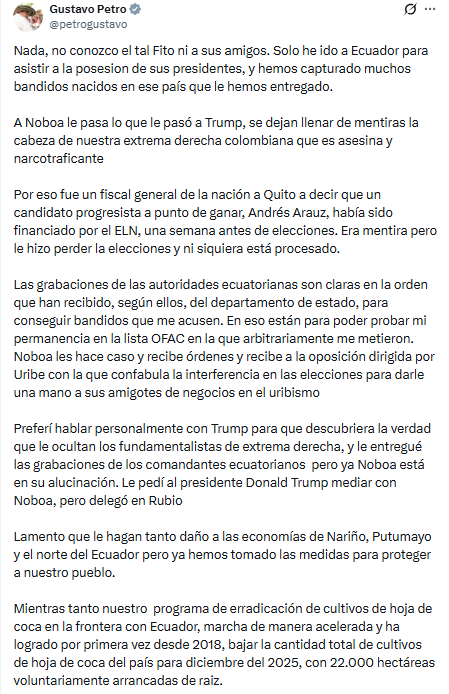 El presidente Gustavo Petro respondió al presidente de Ecuador, Daniel Noboa.